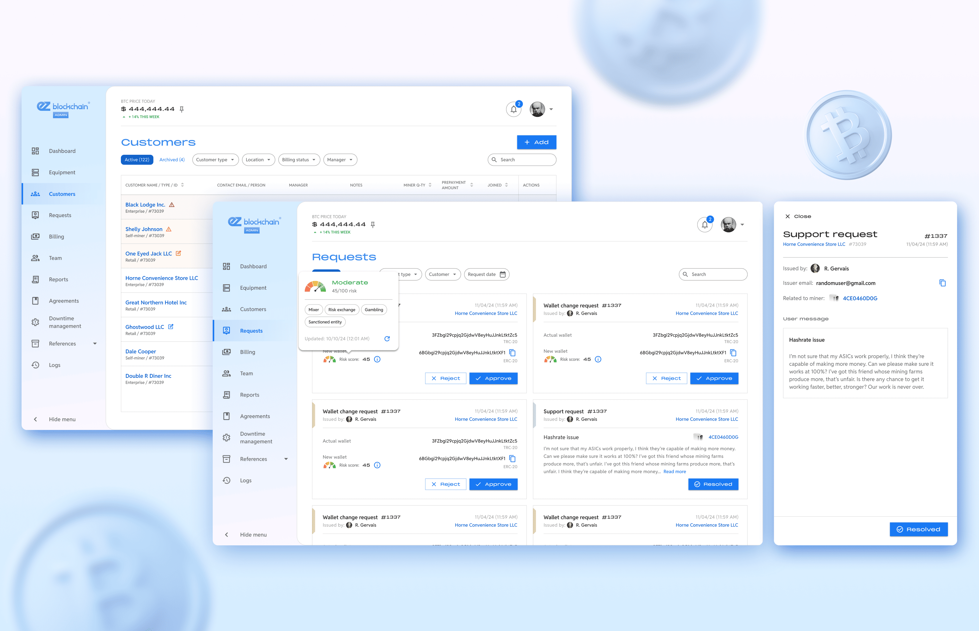 Back-office admin panel, customer, request